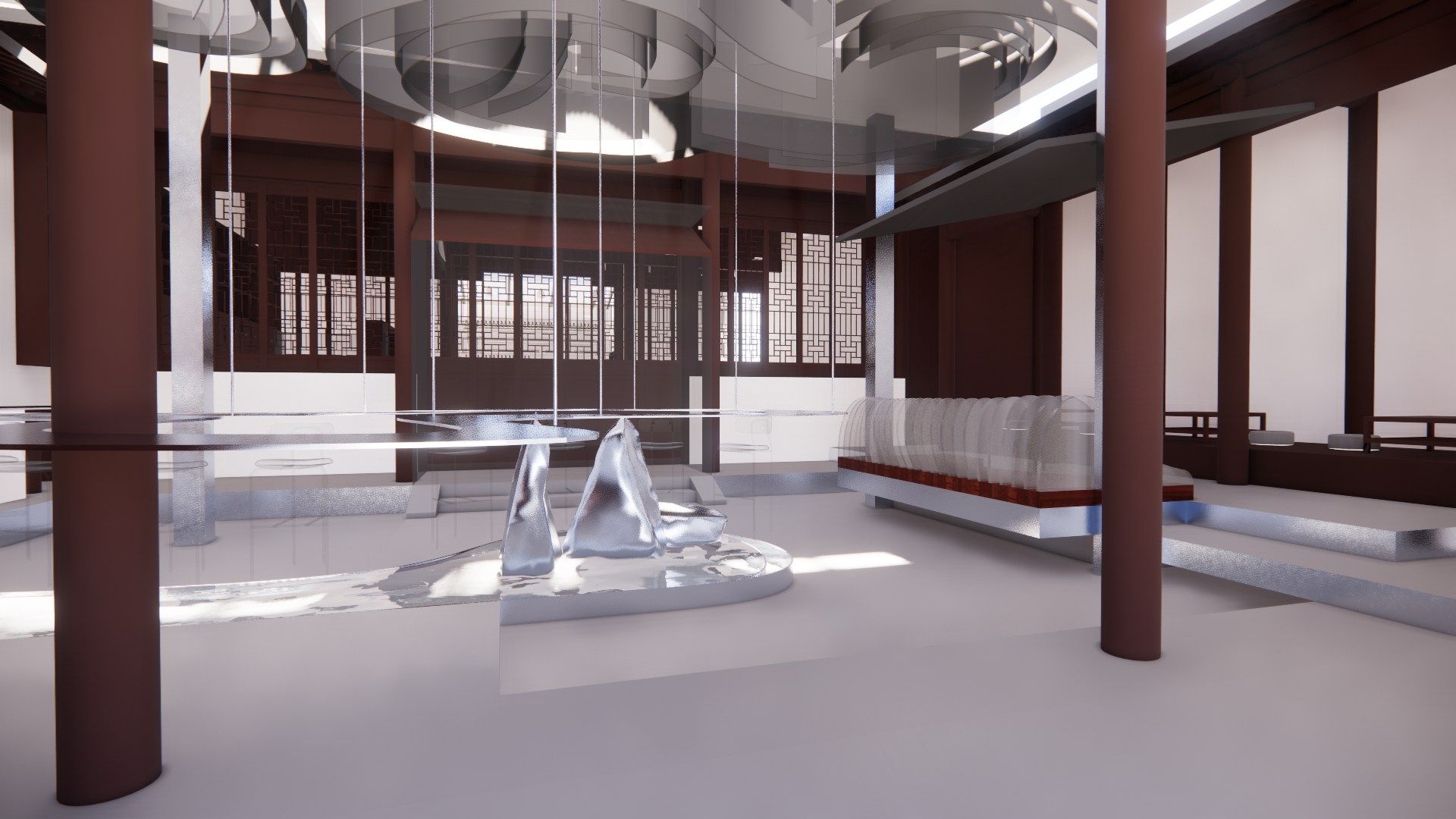 Design-stage interior rendering of the Huarong tea space