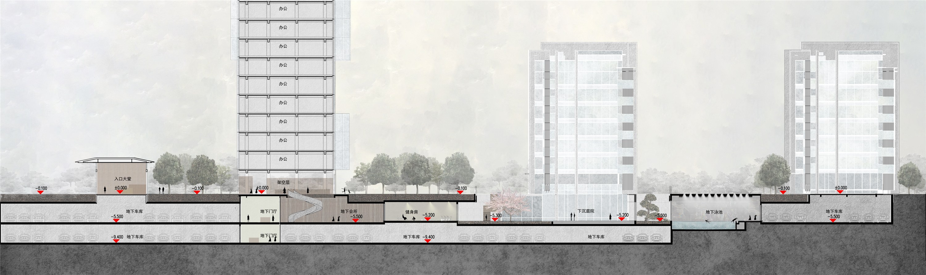 Long architectural section for a residential and commercial complex in Ningbo