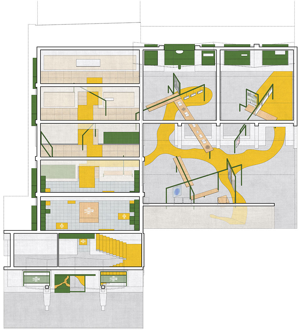 Axonometric drawing of the South Gallery exhibition layout